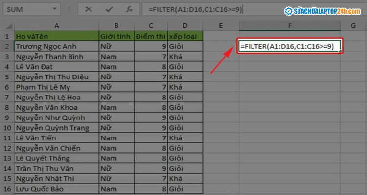 Lọc danh sách học sinh nữ có xếp loại giỏi