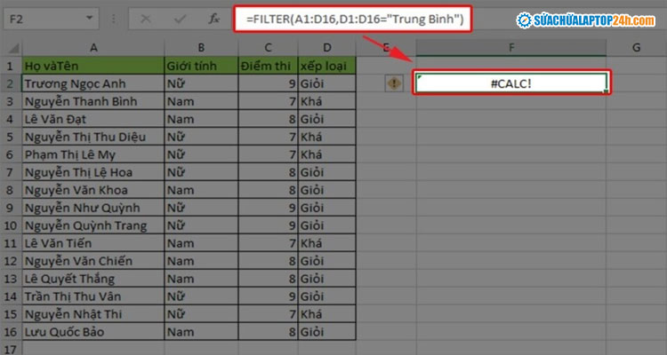 Lỗi #CALC! xuất hiện do không có giá trị thỏa mãn điều kiện lọc