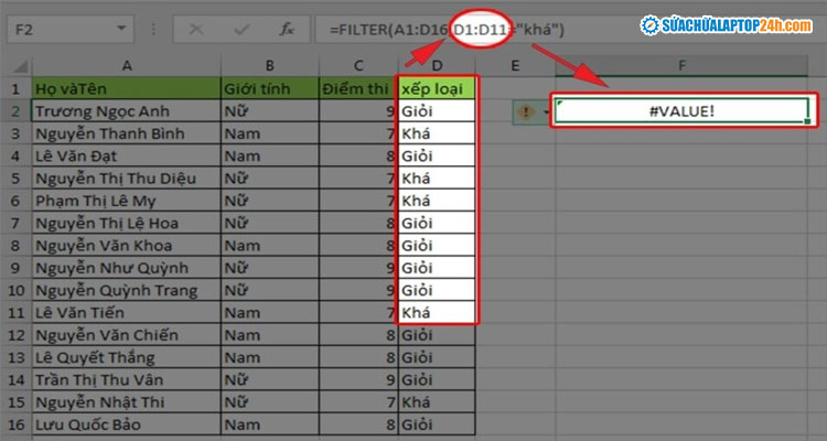 Lỗi #VALUE! xuất hiện do số hàng không tương ứng với vùng lọc