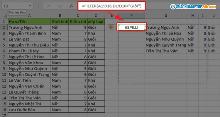 Lỗi #SPILL! xuất hiện khi trong vùng xuất kết quả có chứa lẫn các giá trị khác