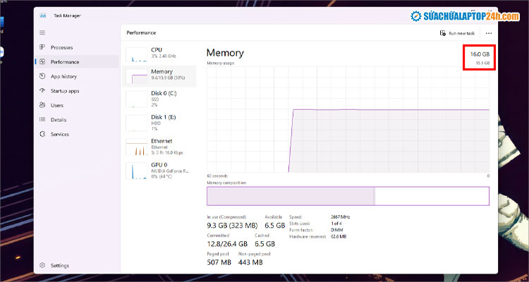 Laptop đang sử dụng RAM dung lượng 16GB, loại DDR4