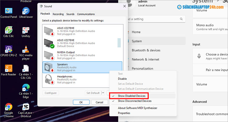 Chọn Show Disabled Devices