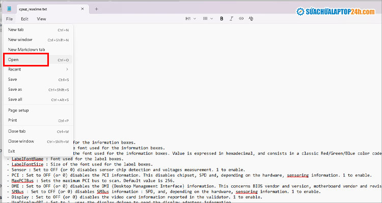 Chọn open để mở file bằng notepad