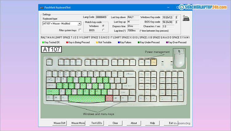 Giao diện phần mềm test bàn phím laptop PassMark Keyboard Test