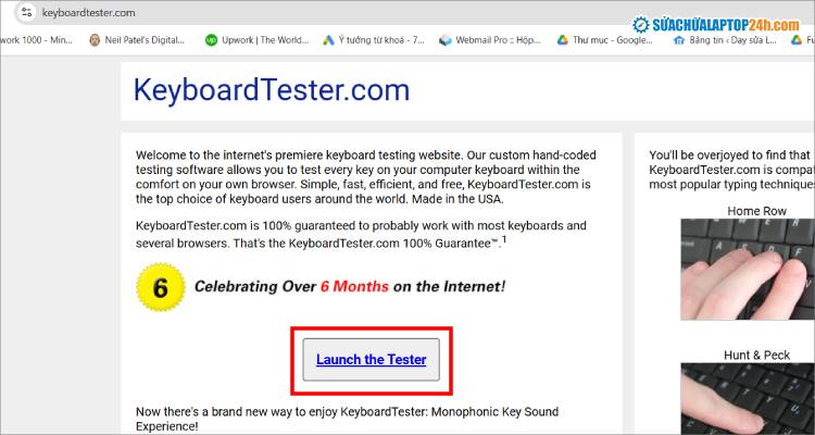 Nhấn Launch the Tester để bắt đầu kiểm tra bàn phím online trên keyboardtester.com