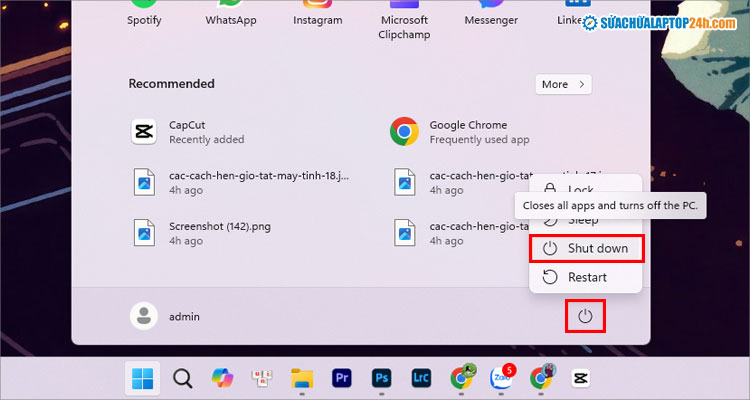 Tắt laptop bằng Start Menu