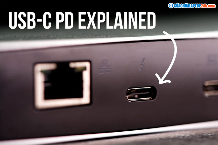Cổng USB Type-C có hỗ trợ sạc trên laptop có thể có biểu tượng tia sét hoặc chữ PD