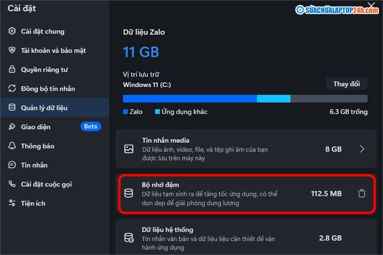 Xóa bộ nhớ đệm trên Zalo PC