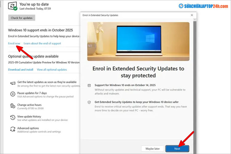 Màn hình đăng ký ESU trong Windows Update