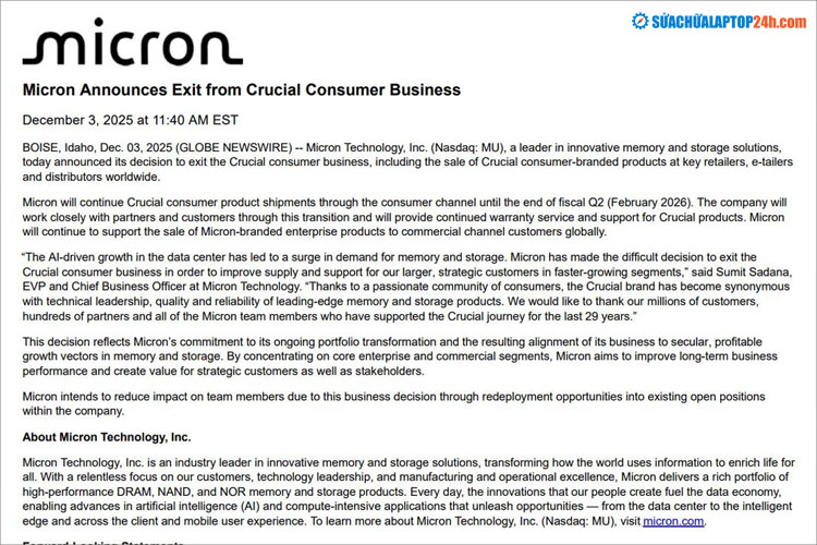 Thông báo chính thức của Micron trên trang chủ