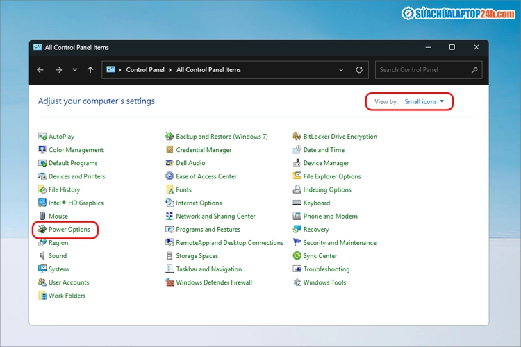 Truy cập vào Power Options