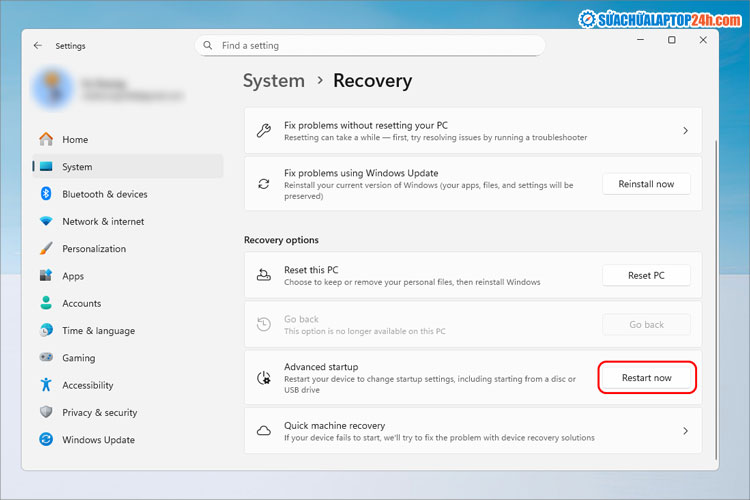 Nhấn vào nút Restart