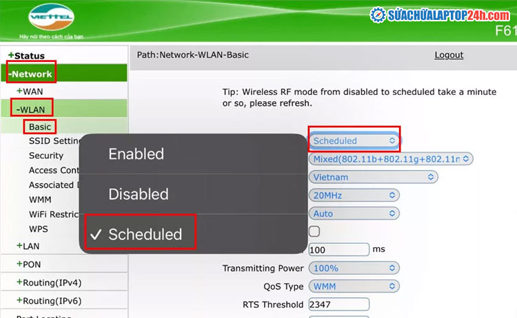 Thiết lập hẹn giờ bật tắt cho Wifi modem​​​​​​​ Viettel