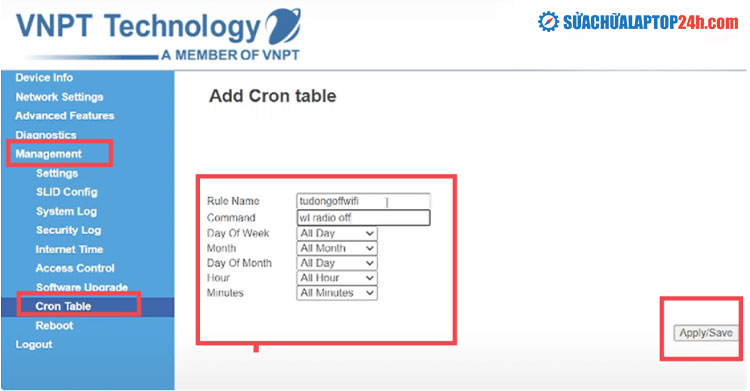 Thiết lập giờ tắt Wifi