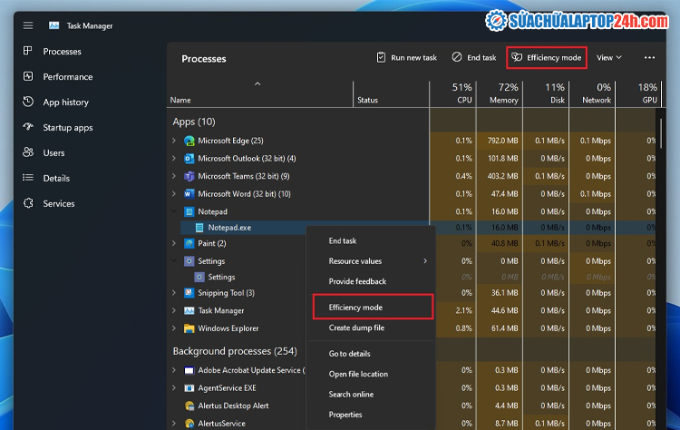 Bật tính năng Efficiency Mode