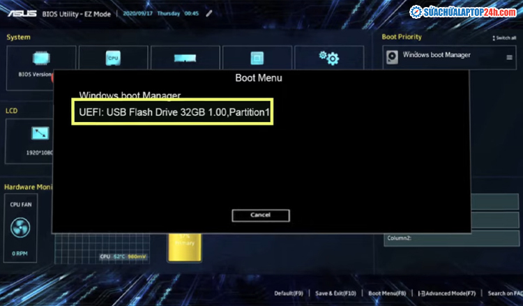 Chọn USB làm thiết bị khởi động