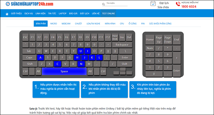 Trang test bàn phím của Sửa Chữa Laptop 24h 