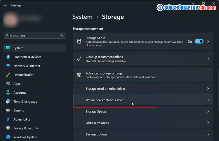 Chọn Where new content is saved