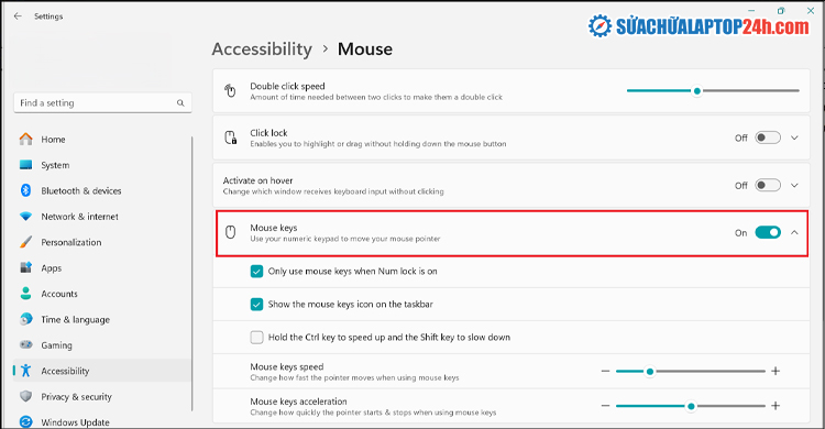 Bật mục Mouse keys