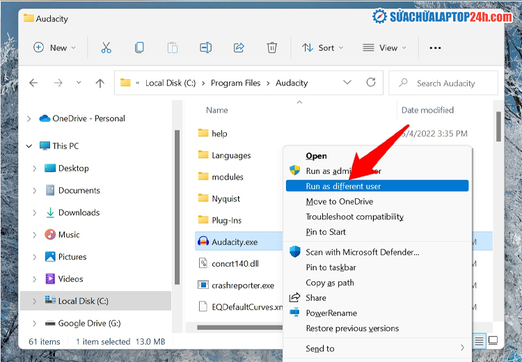 Chọn Run as different user 