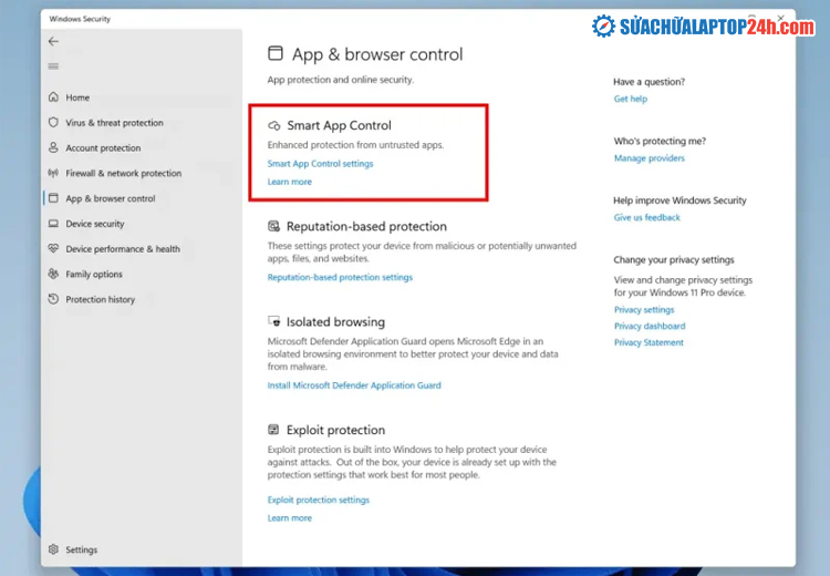 Nhấn vào Smart App Control settings