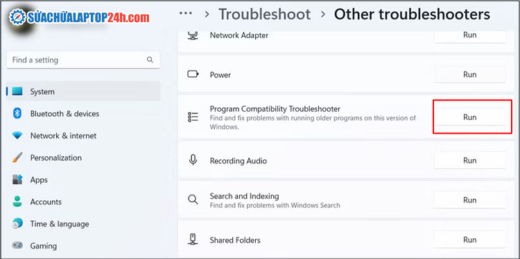 Nhấn Run ở mục Program Compatibility Troubleshooter