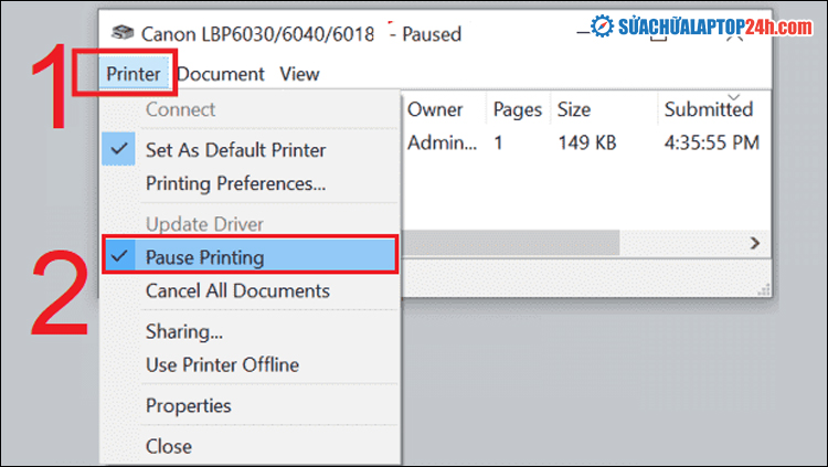 Bỏ tích chọn Pause Printing và Use Printer Offline