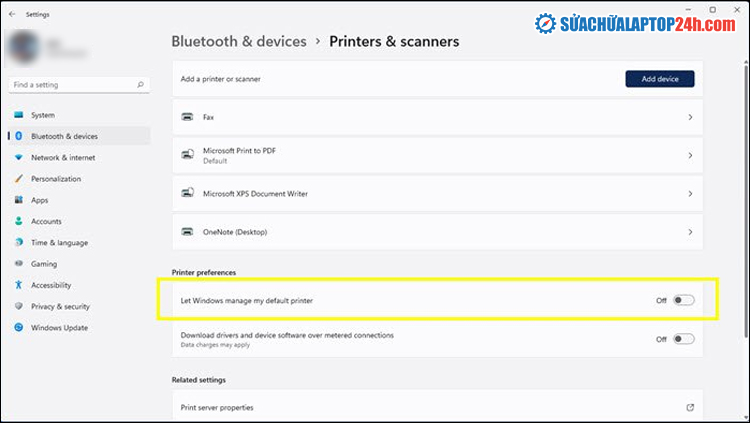 Đổi tùy chọn Let Windows manage my default printer từ On sang Off 