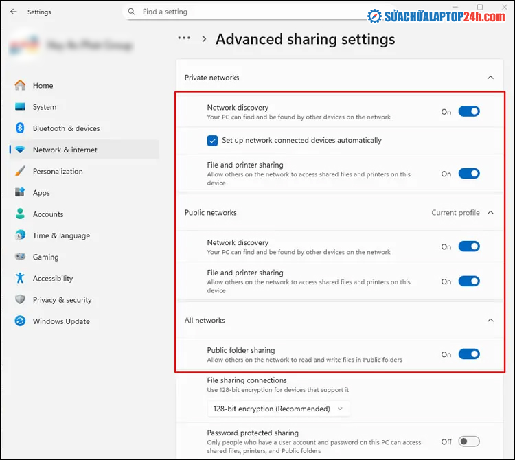 Đảm bảo rằng cả 2 mục Network discovery và File and printer sharing đều được bật