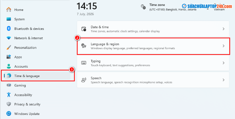 Nhấn vào mục Language & region trên Windows 11