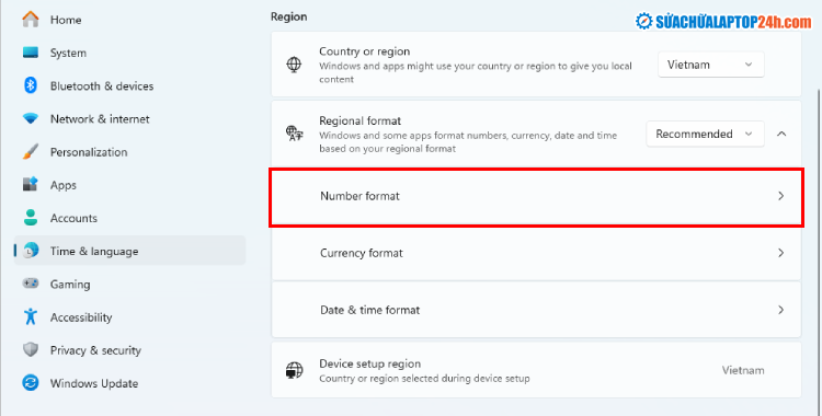 Nhấn vào Number format ở mục Regional format