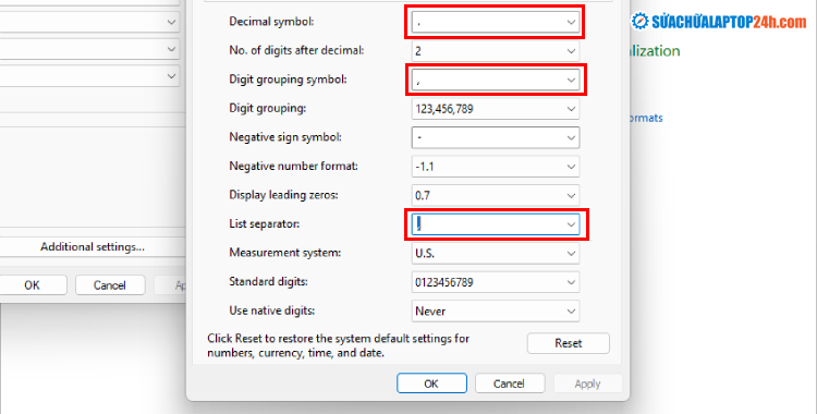 Thiết lập dấu phân cách trên Windows như hình