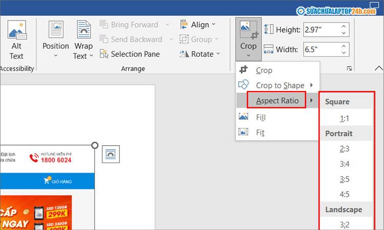 Chọn Aspect Ratio và chọn kích thước mong muốn