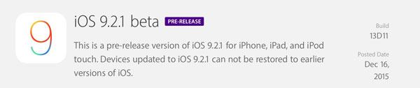 phát hành iOS9.2.1 beta cho iPhone, iPad và iPod