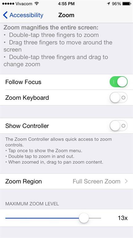 Tiếp đến, bạn hãy bấm vào bất cứ đâu trên màn hình để làm mất bảng tùy chọn kia rồi gạt thanh Show Controller về chế độ tắt. Lúc này cửa sổ phóng to xuất hiện trước đó sẽ chuyển hết sang tông đen để giúp bạn dễ dàng sử dụng máy lướt web trong bóng tối mà không mỏi mắt. Tuy nhiên, nếu thích sử dụng chế độ ban đêm ở dạng toàn màn hình, bạn có thể chọn mục Full Screen Zoon ở phần Zoom Region.
